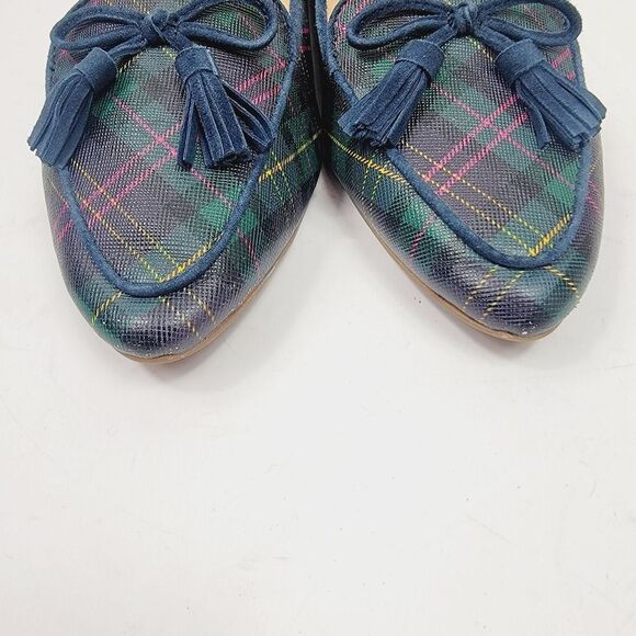 TALBOTS Francesca Tasseled Driving Moccasins Green Navy Tartan Plaid 8.5 - Picture 5 of 10